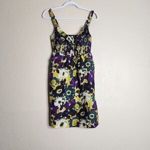 Maeve A-Line Dress Women's Yellow Purple Tie-Dye Small  Silk Ruffle Neck Smocked